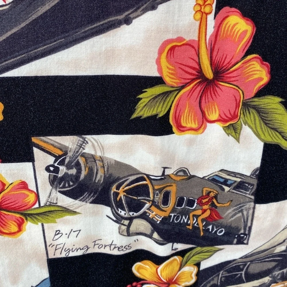 Vintage Hawaiian Shirt War Planes Pin-Up Girls Floral